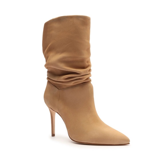 Schutz Ashlee Tan Suede Ruched Stiletto Boots - Picture 1 of 2